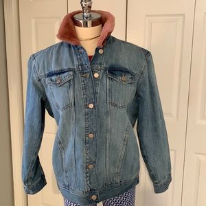Old Navy Oversized Jean Jacket with Detachable Pink Fur Collar - Size Medium